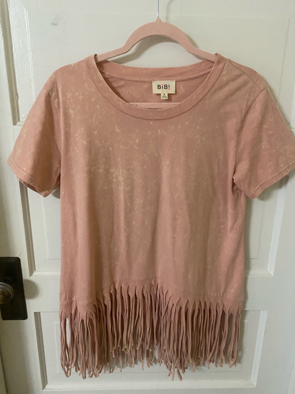 Boho Chic: BIBI Acid Wash Fringe Trim T-Shirt - Small